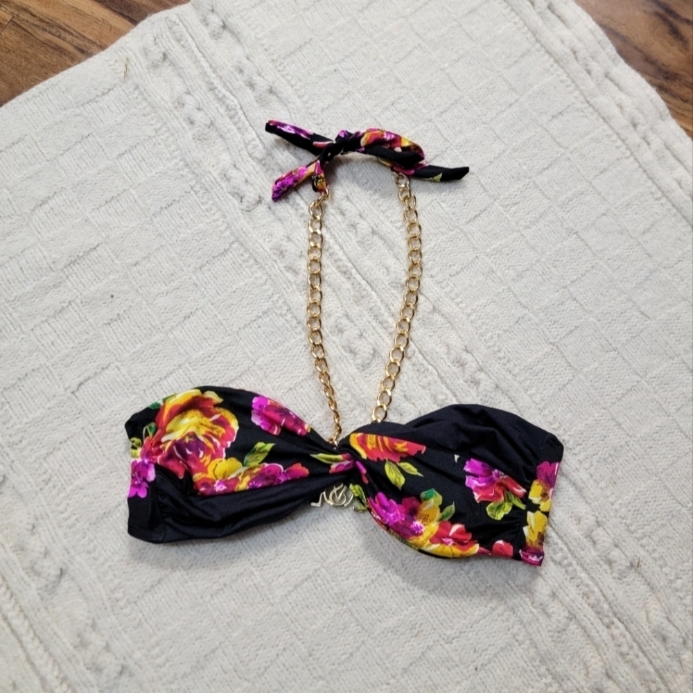 Victoria's Secret Shimmer Floral Gold Hardware Halter Bandeau Bikini Top size S